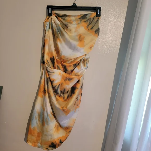 PrettyLittleThing Orange Tye Dye Ruched Midi Skirt - Picture 7 of 12